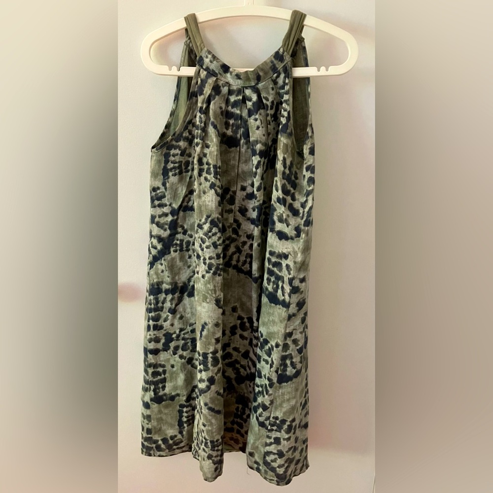 Stylish green, blue and cream tie died effect Italian linen dress. Size M